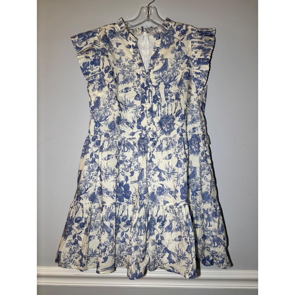 Fate Finest Land Dress Womens Blue White Toile‎ Tiered Cotton Mini